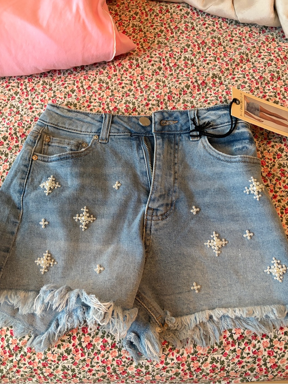 Denim Pearl-Embellished Women’s Shorts - Light Blue